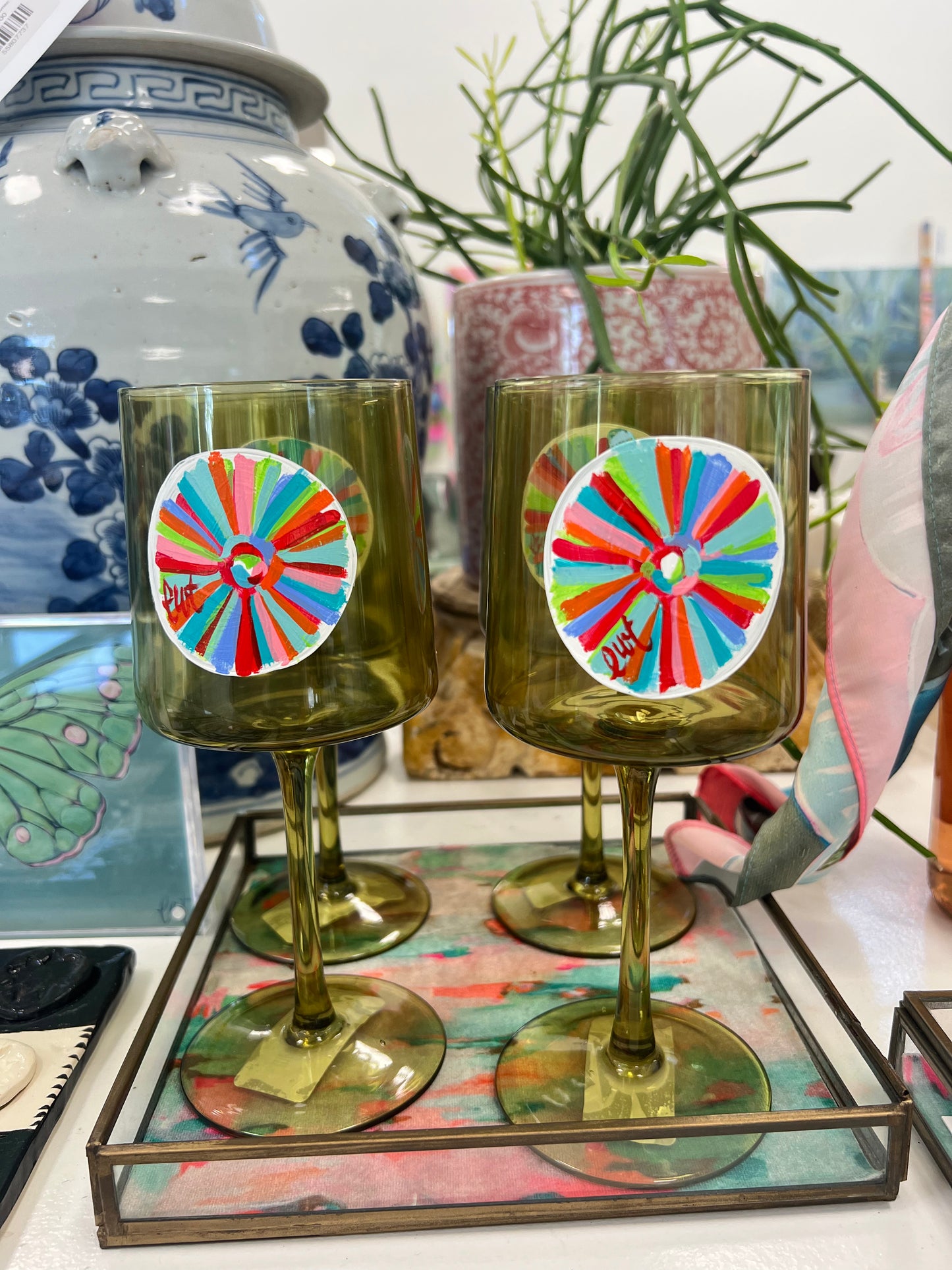 Green Mid Century LWT Sun Wine Glasses