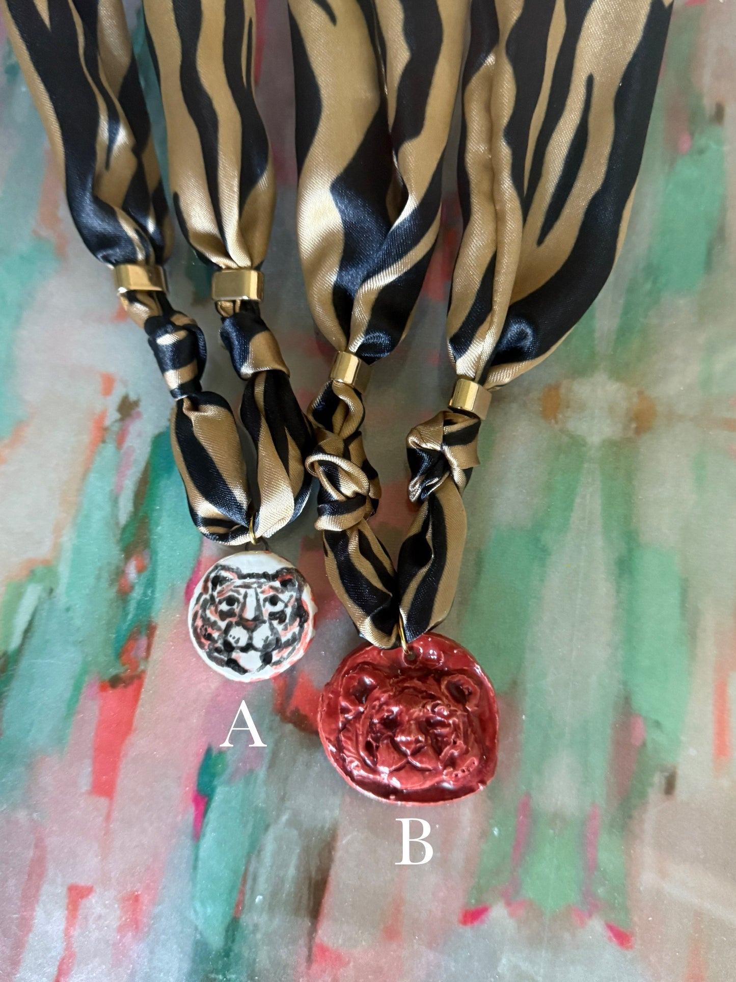 Neutral and Cardinal Tiger Scarf Necklace