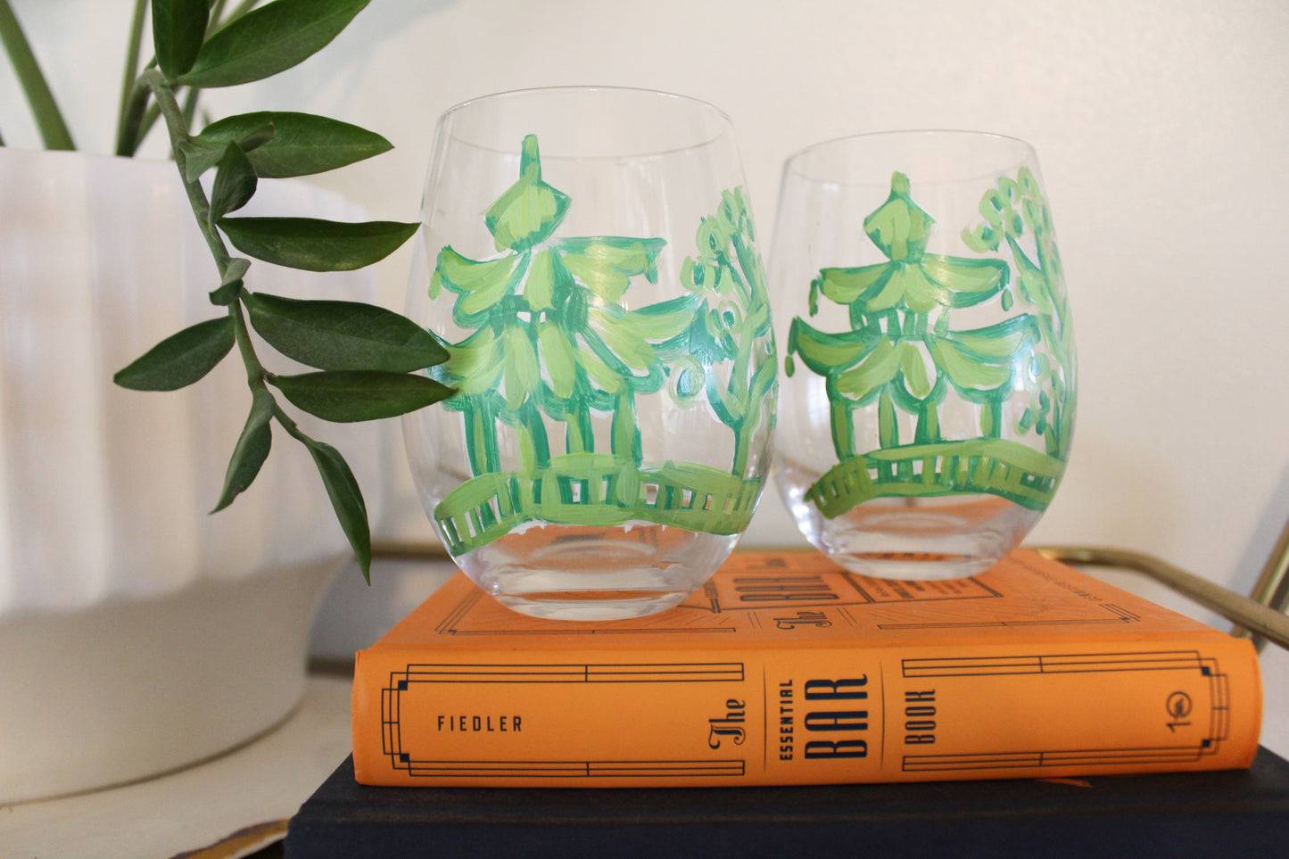 Hand Painted Pagoda Wine Glasses