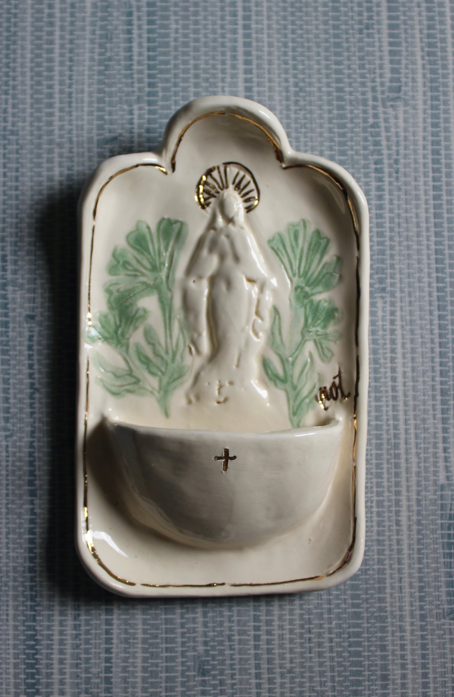 Large Font - Curved Cream Mary with Jade Floral