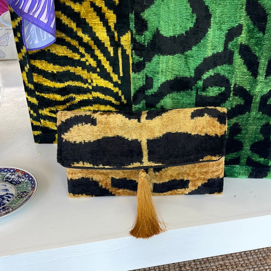 Silk Velvet Ikat Clutch, Gold Tiger