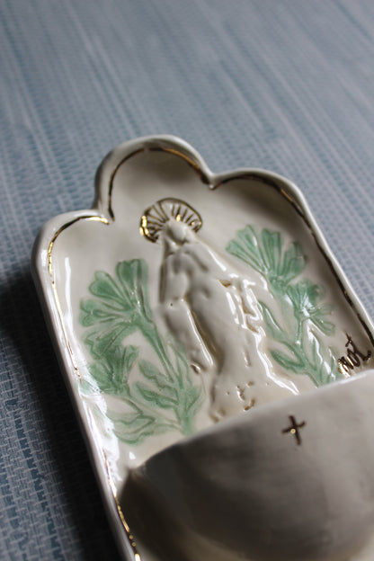 Large Font - Curved Cream Mary with Jade Floral