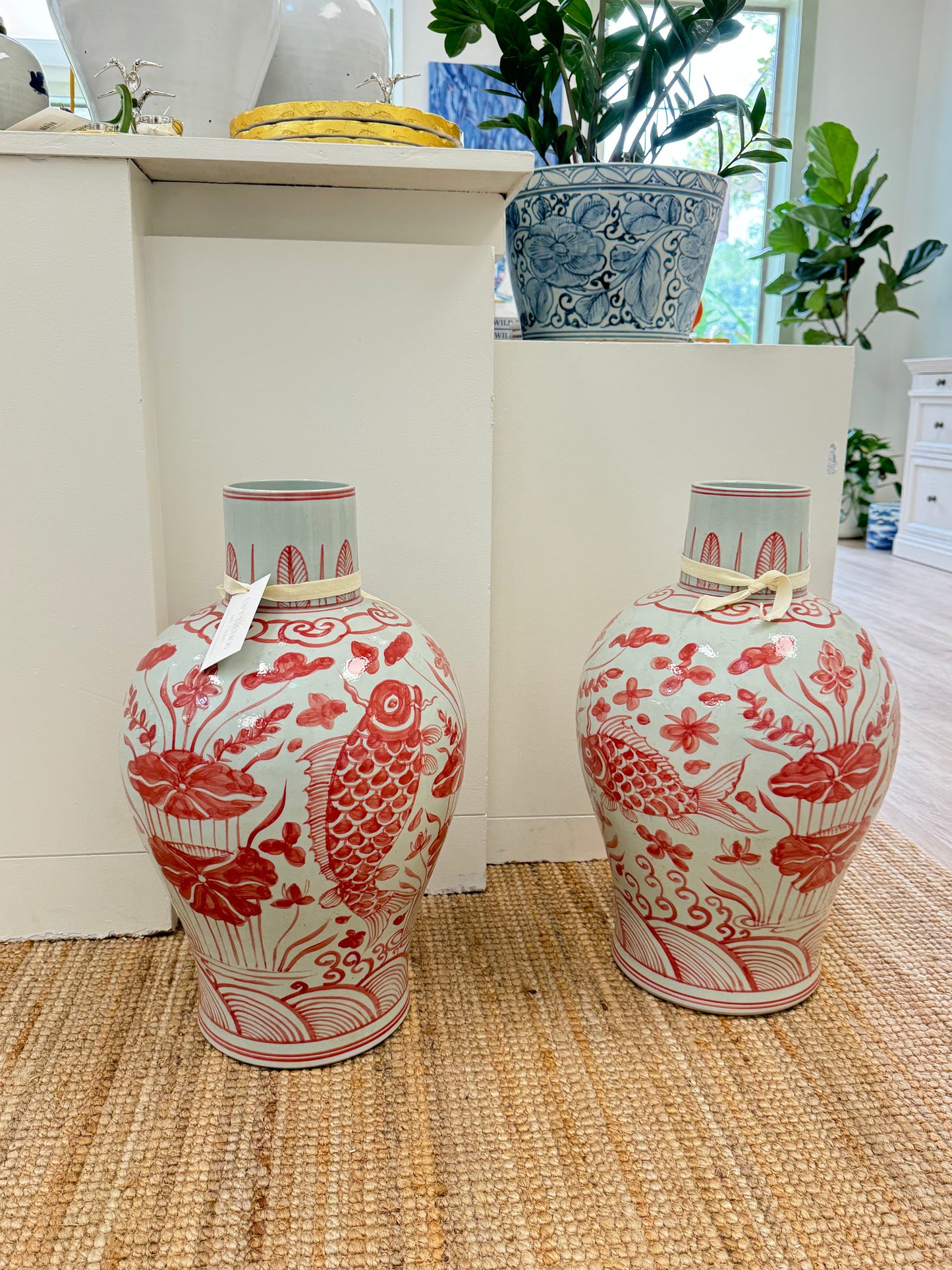 Rustic Red + White Fish Vase