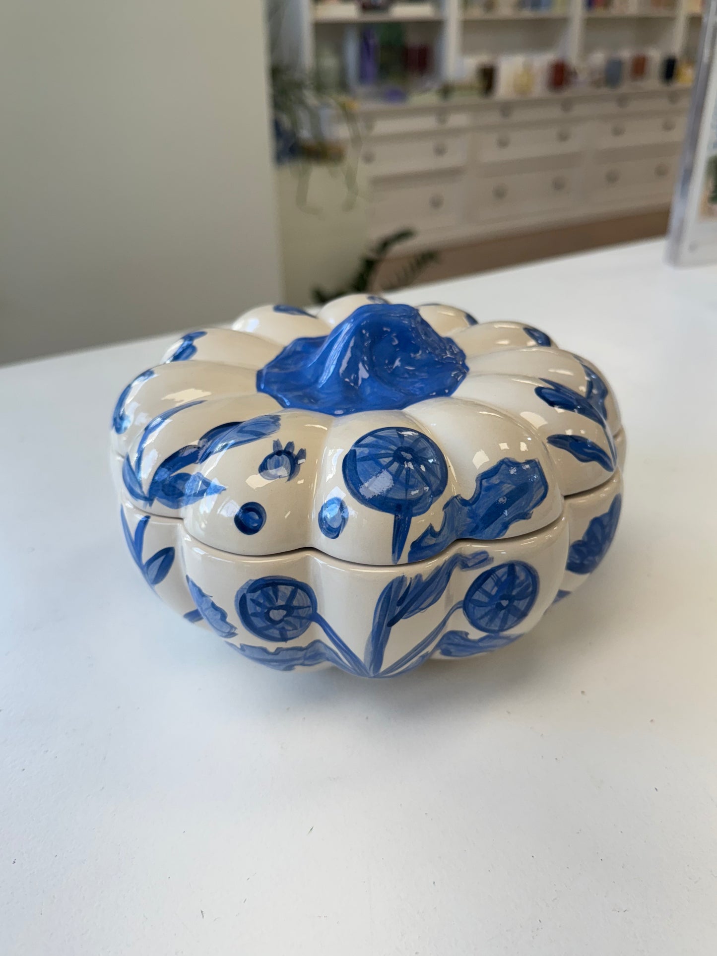 Large Blue + White Pumpkin Jars
