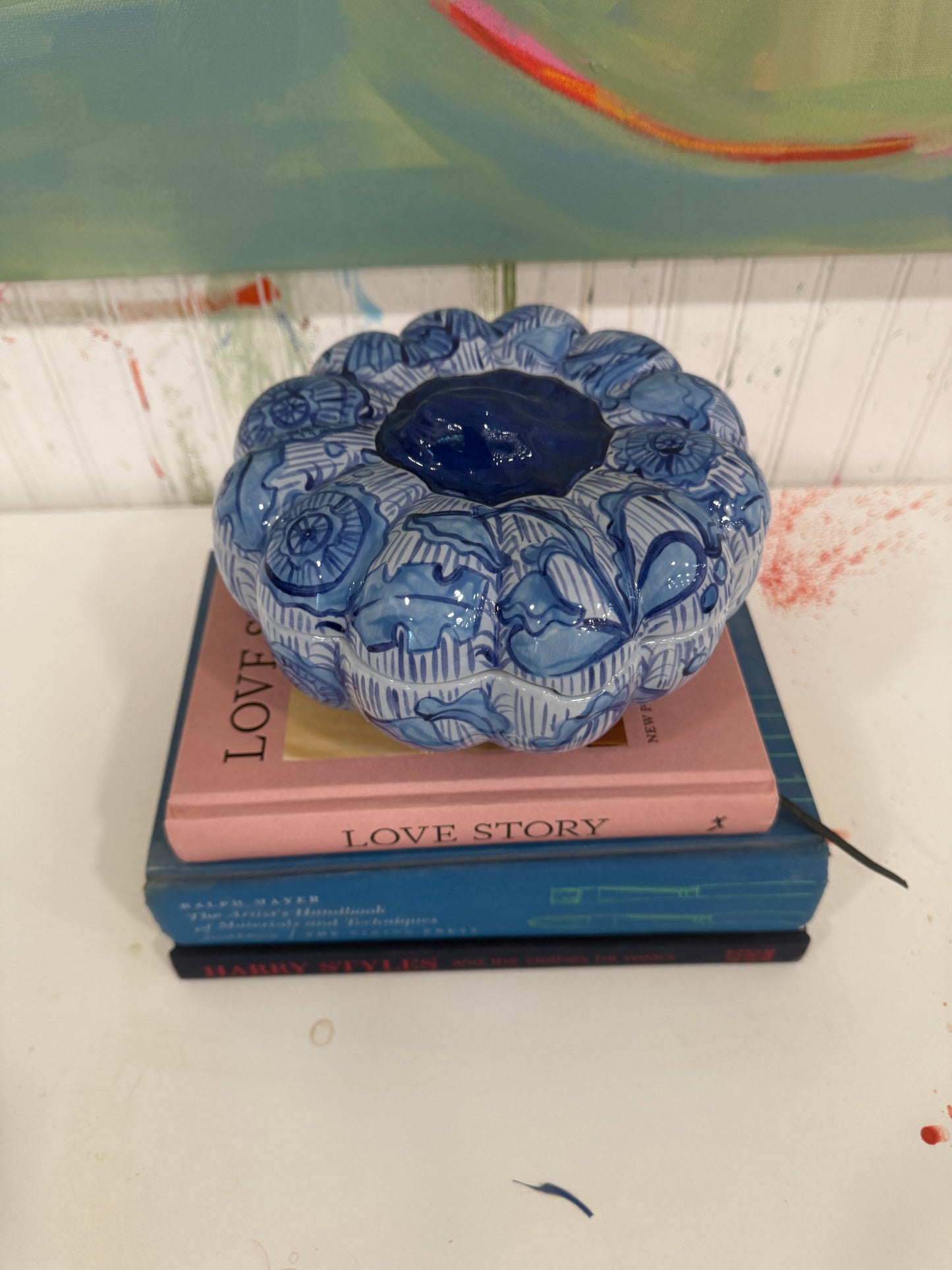 Large Blue Floral Pumpkin Jar
