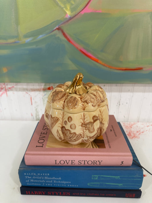 Small Cream and Brown Jar with Gilded Stem