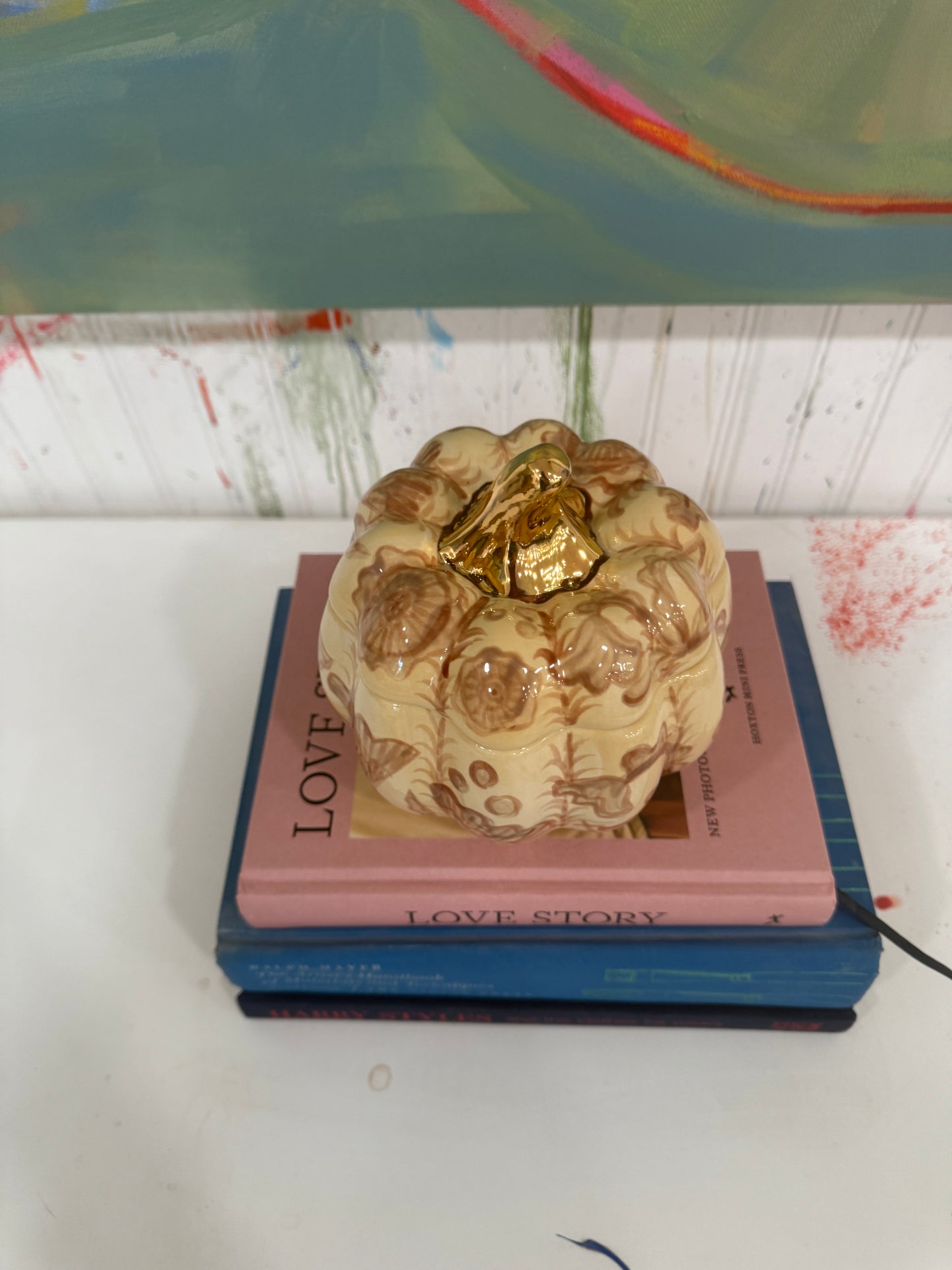Small Cream and Brown Jar with Gilded Stem