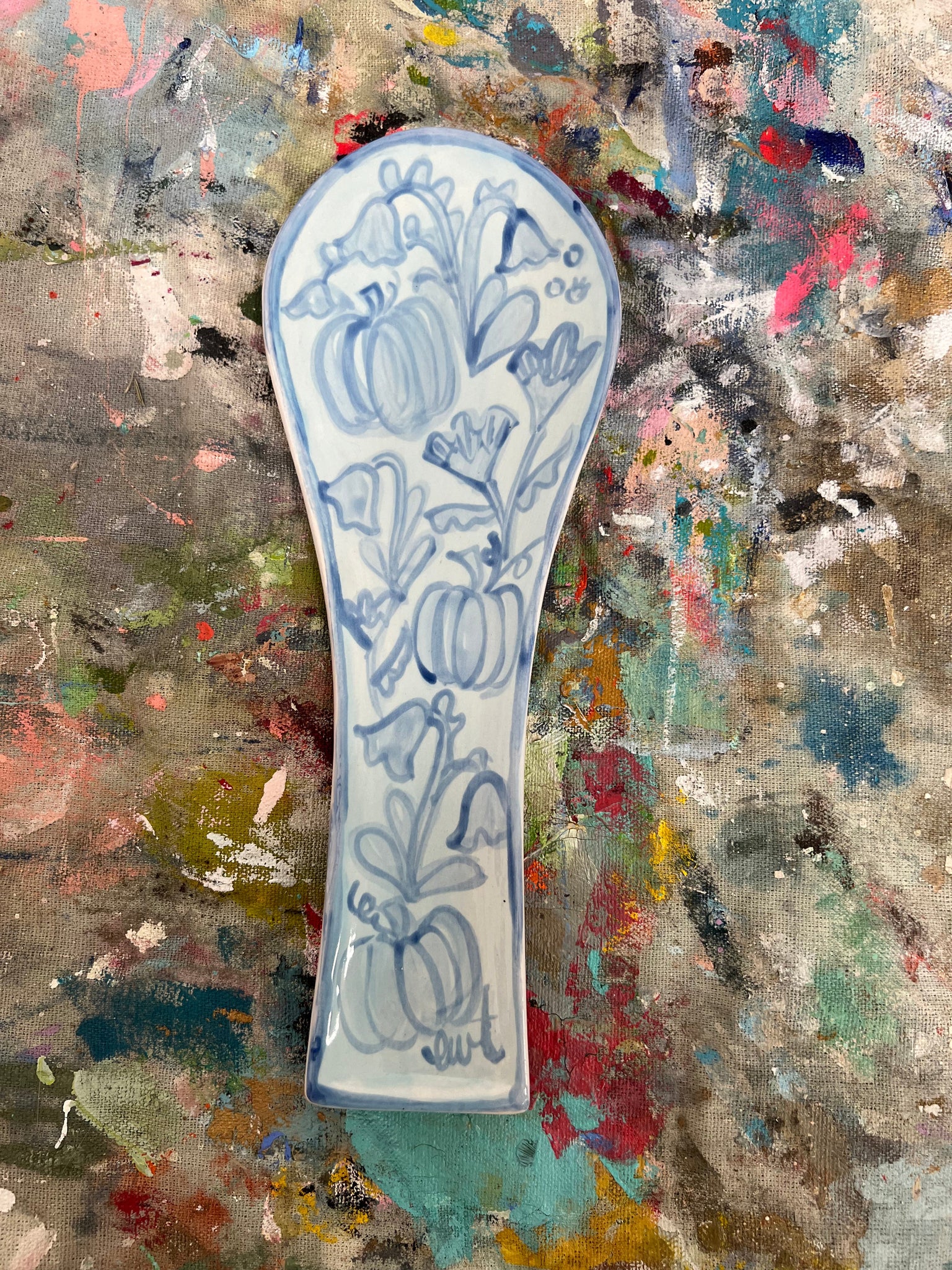 Blue Floral Pumpkin Spoonrest #32